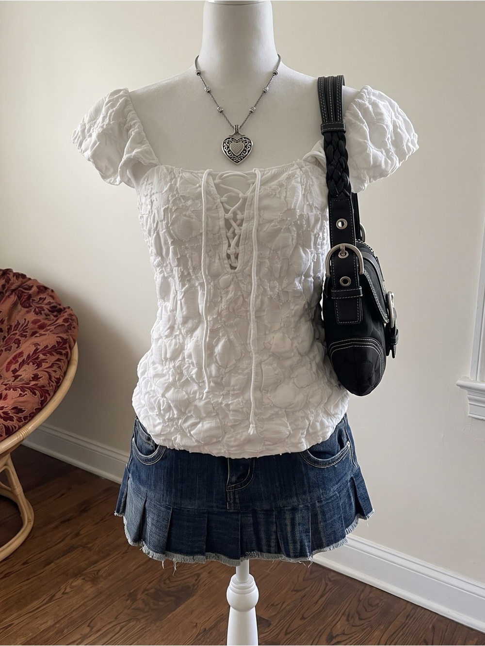free people white lace up flutter sleeve textured top size xs